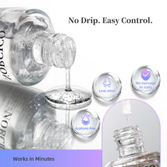 NORCICO close-up of clear remover texture, showing low-odor, gentle formula benefit