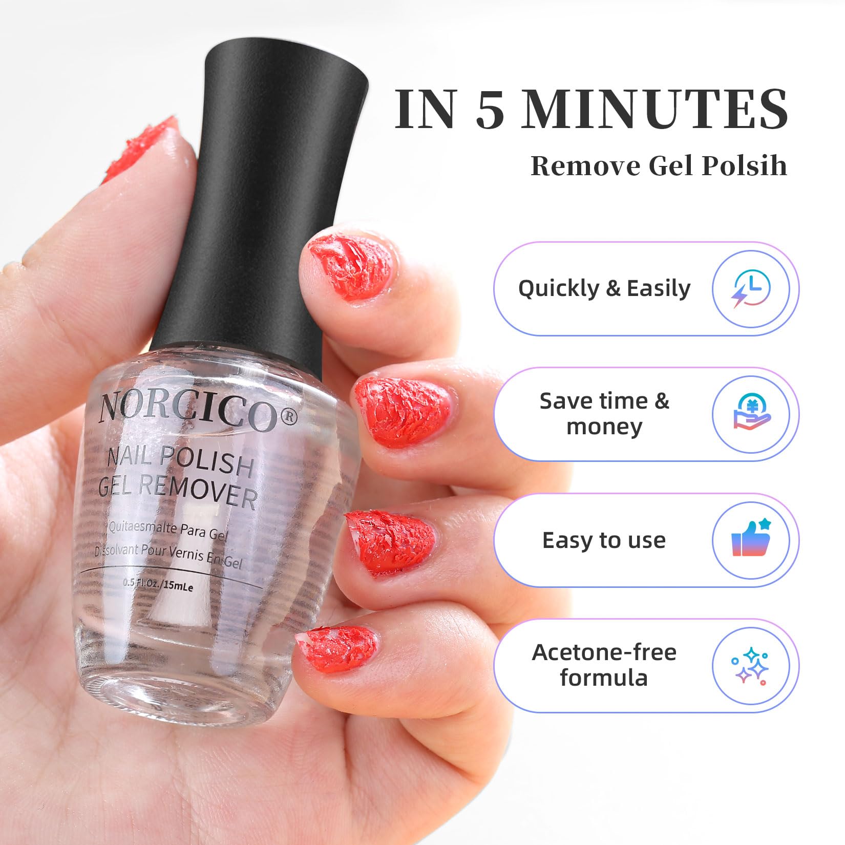 NORCICO gel polish remover application demonstrates quick 3-5 minute removal.