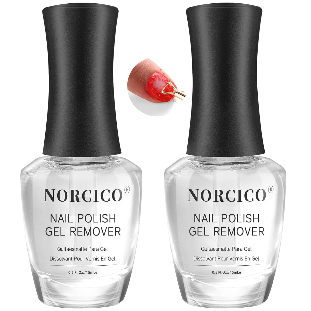 NORCICO gel polish remover bottle closeup for fast at-home polish removal.