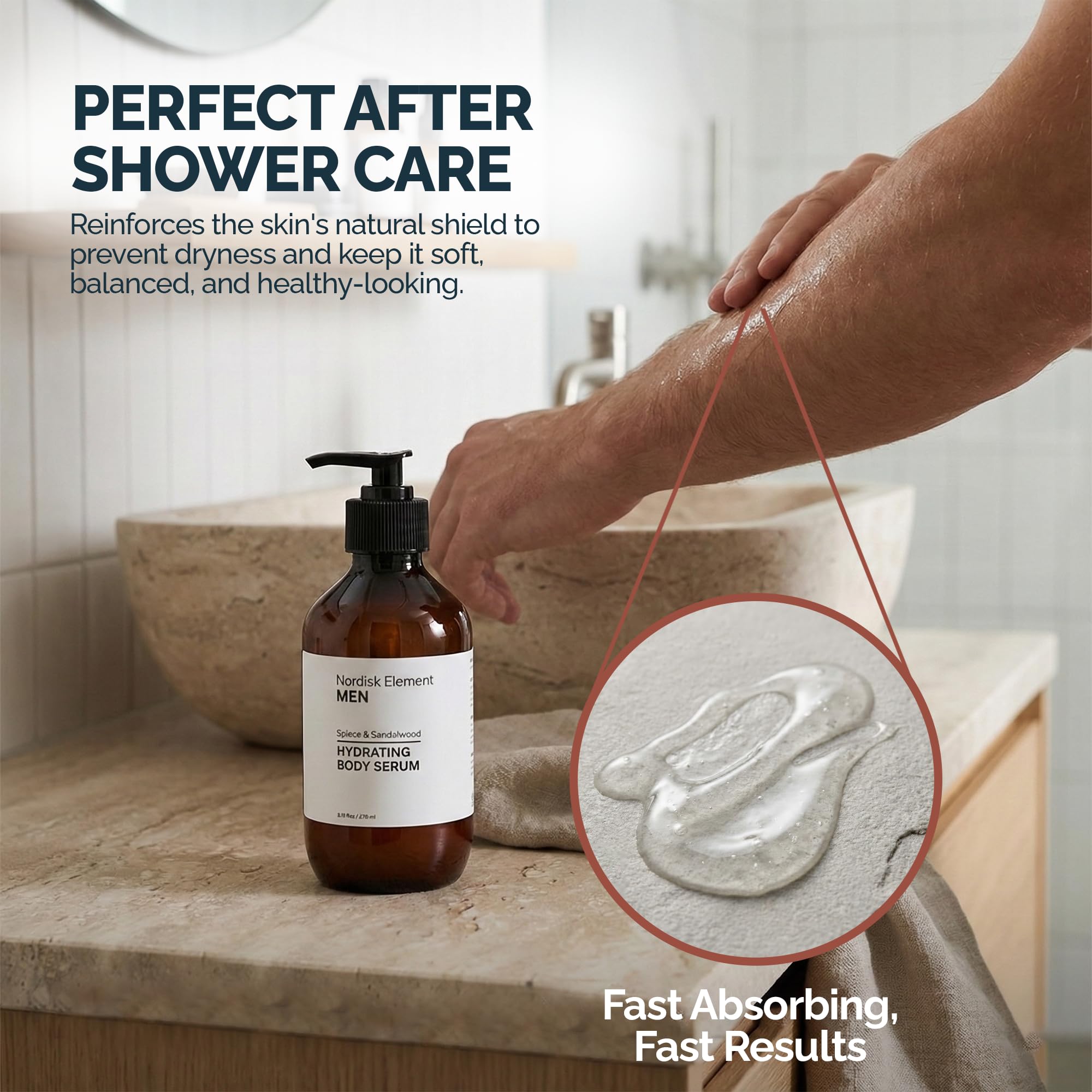 Nordisk Element Body Serum for Men application on arm suggests easy use.
