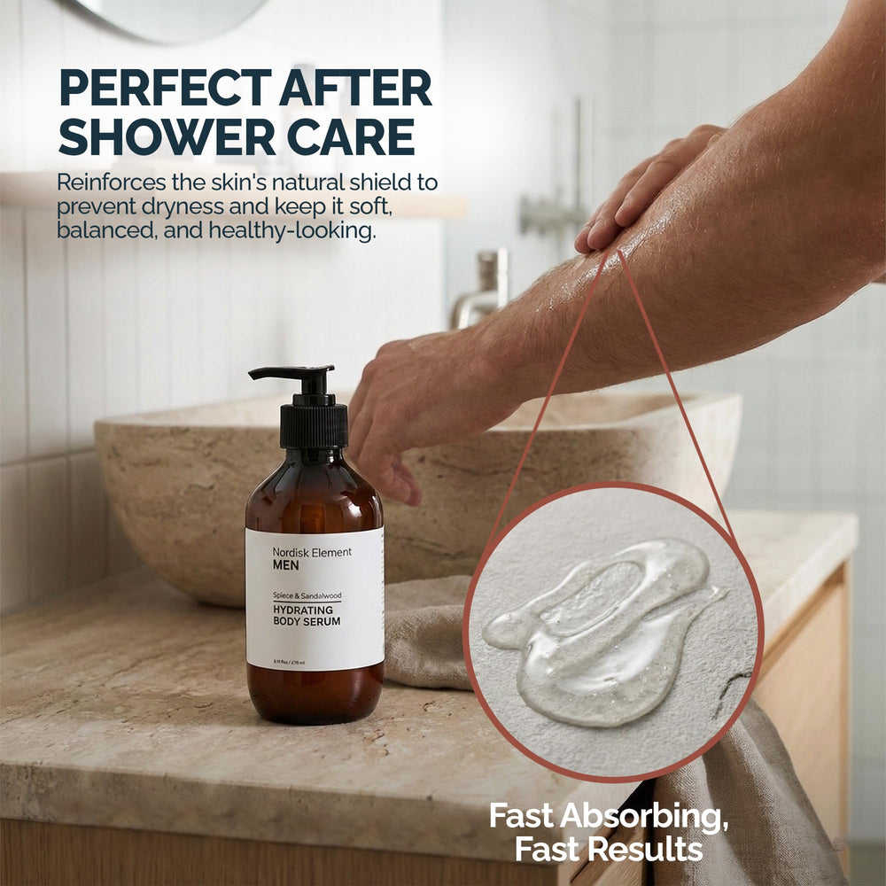 Nordisk Element Body Serum for Men application on arm suggests easy use.