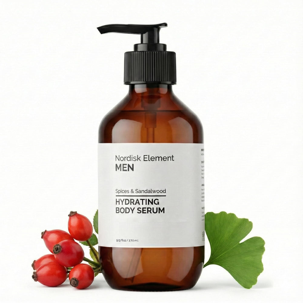 Nordisk Element Body Serum for Men bottle shows lightweight hydration.