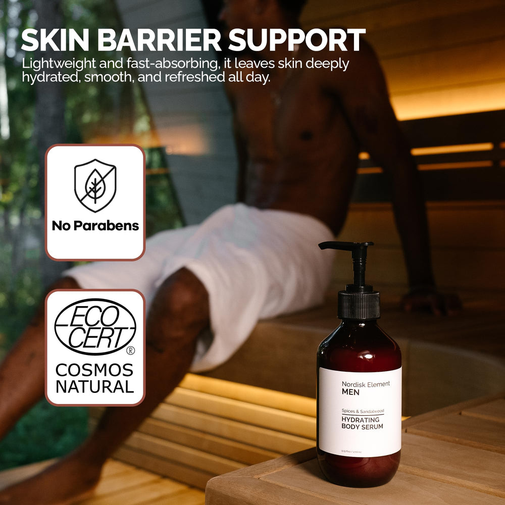 Nordisk Element Body Serum for Men ingredients close-up highlights hyaluronic acid.