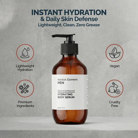 Nordisk Element Body Serum for Men label highlights vegan, clean ingredients.