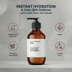 Nordisk Element Body Serum for Men label highlights vegan, clean ingredients.