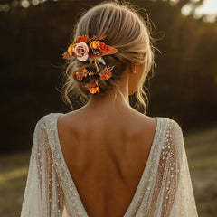 Norme dried rose and eucalyptus accents bring botanical texture to the hairstyle.