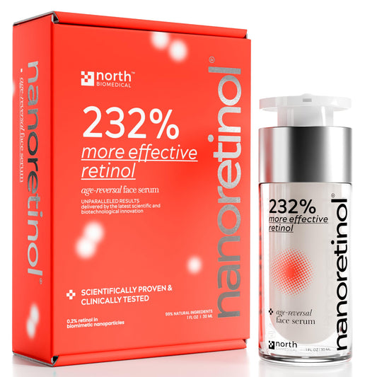 North Biomedical Nanoretinol face serum bottle highlights advanced encapsulation for smoother, firmer skin.