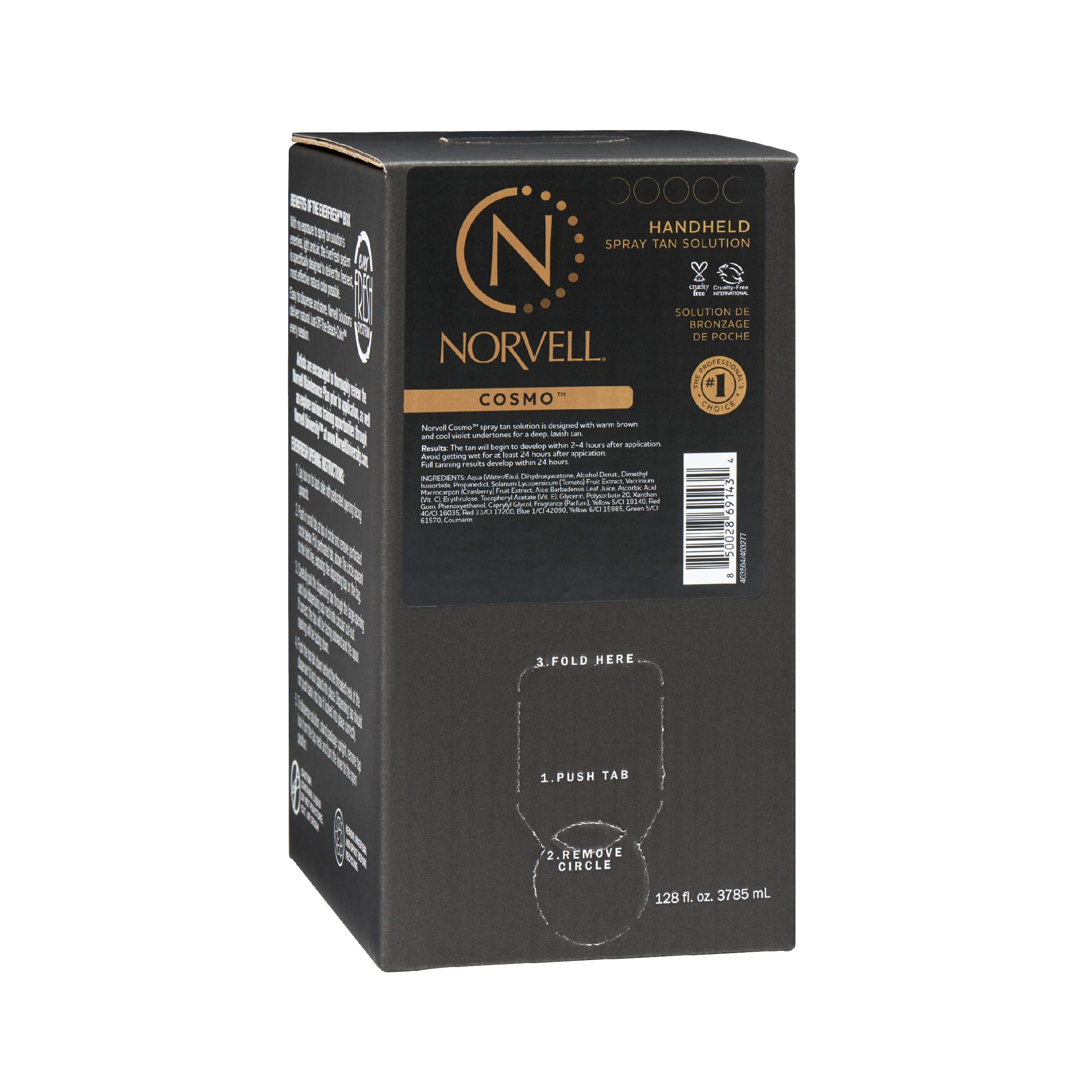 Norvell Cosmo spray tan bottle offering a natural bronze look