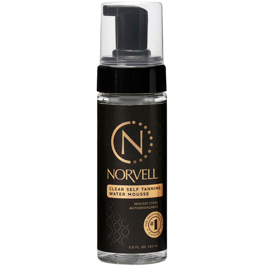 Norvell Essentials Clear Self Tanner Water Mousse bottle with raspberry-almond fragrance for streak-free color
