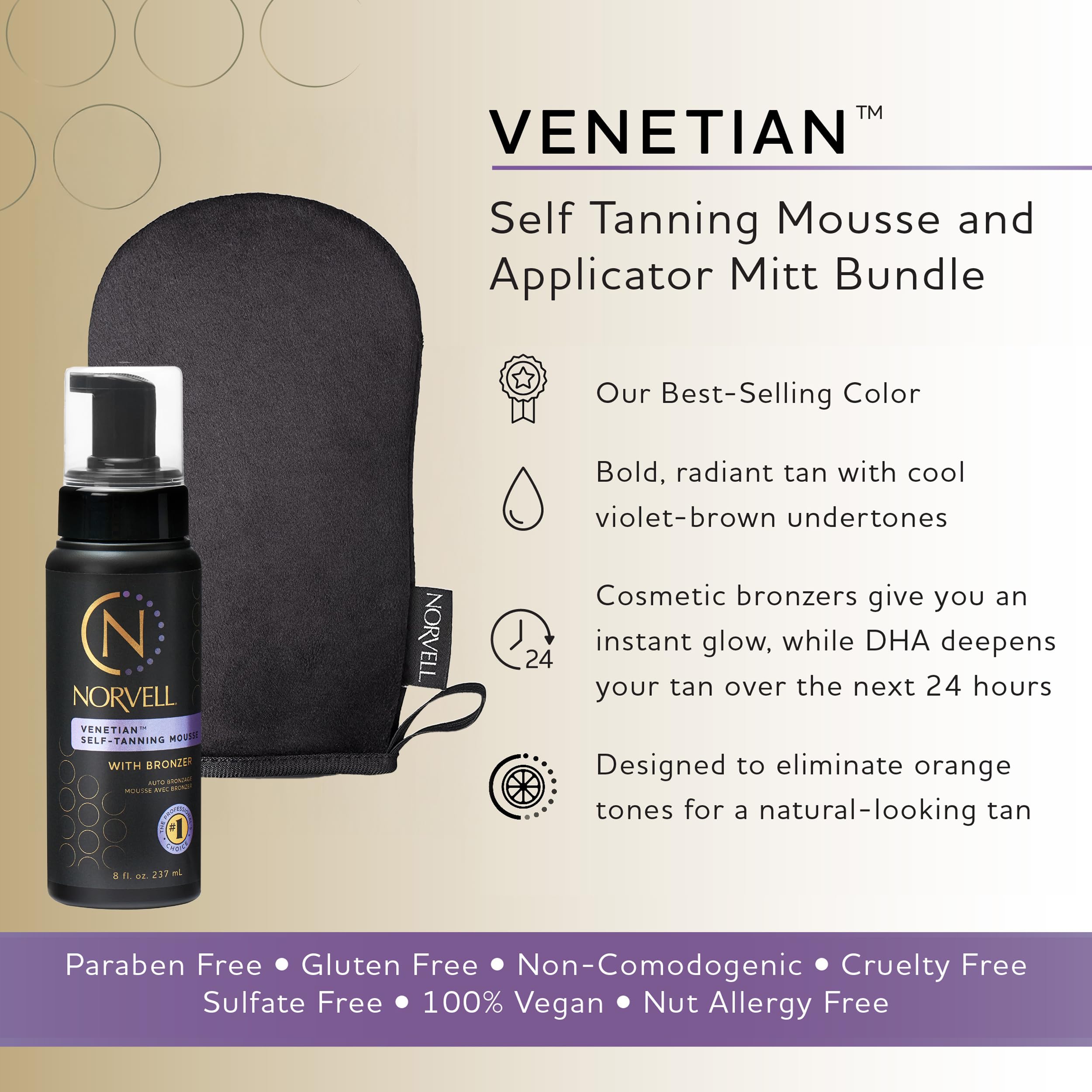 Norvell Venetian bronzer-toned mousse showing natural color without orange tones.