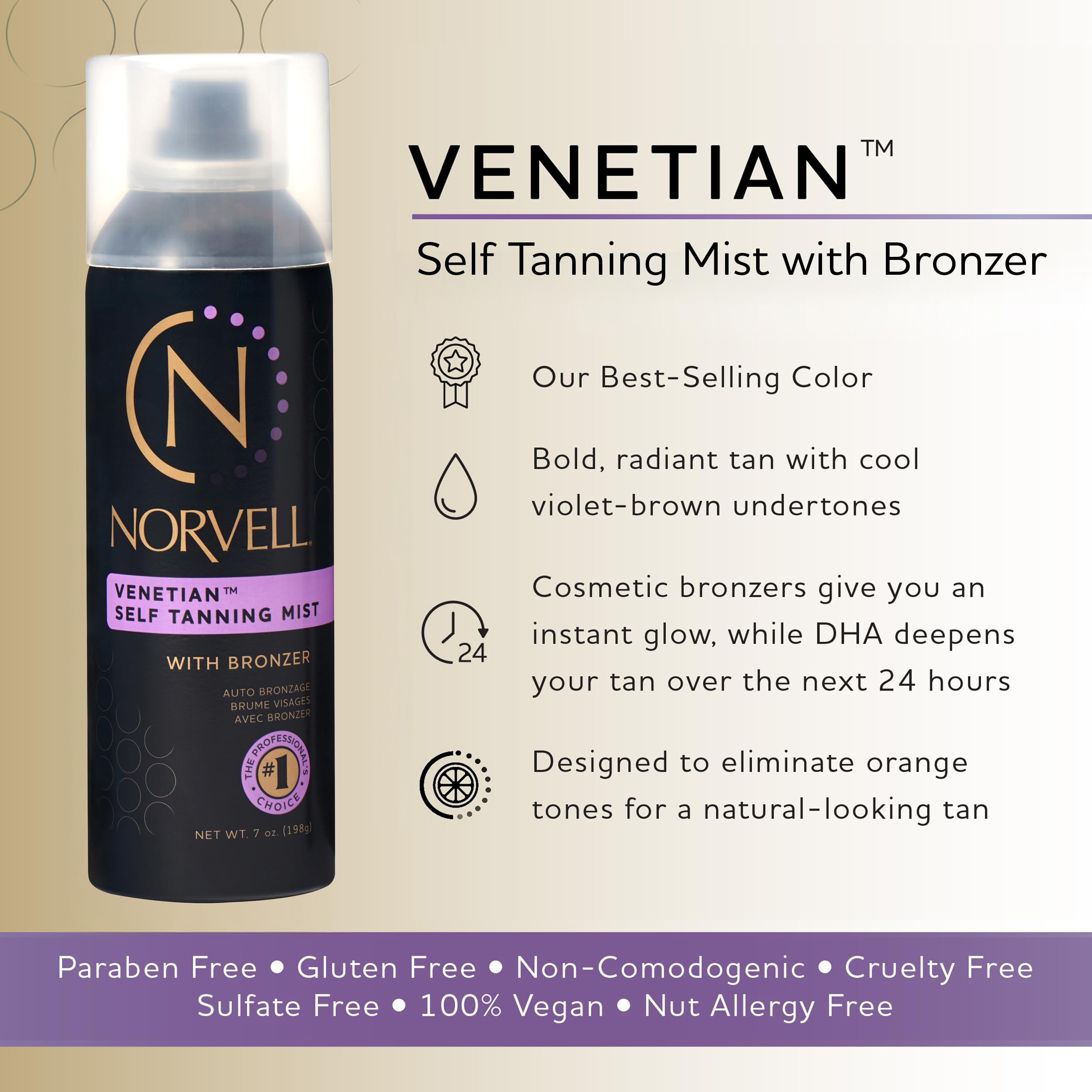 Norvell Venetian Mist spray in action delivering even bronzing.