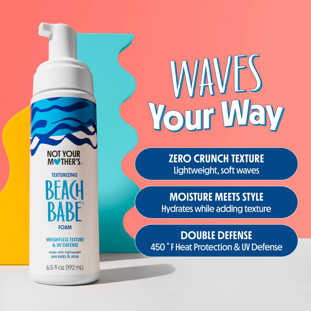 Not Your Mother's Beach Babe Texturizing Foam crunch-free-hair demonstrates non-sticky texture for straight to wavy hair.