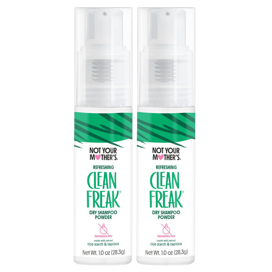Not Your Mother's Clean Freak unscented dry shampoo 2-pack front view showing oil absorption on packaging