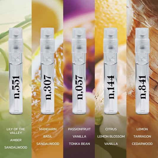 Noteworthy fragrance sampler vials arranged for easy scent comparison.