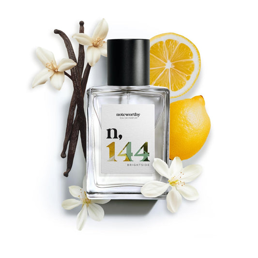 Noteworthy n,144 Brightside bottle, a versatile unisex fragrance for daily wear