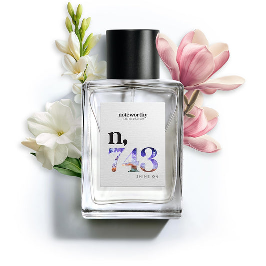 Noteworthy n,743 Shine On bottle closeup highlighting premium floral notes for evening wear.