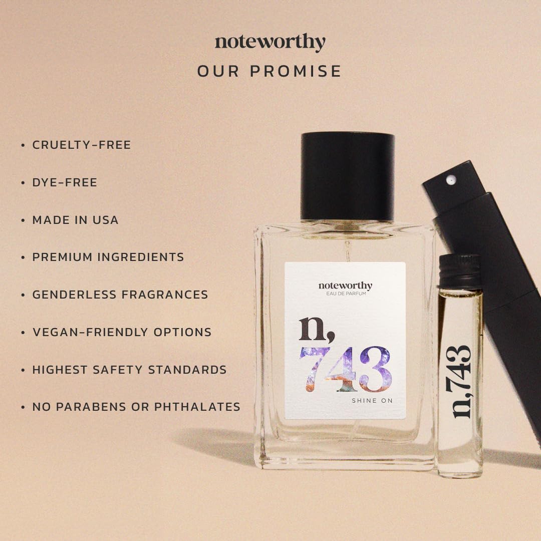 Noteworthy n,743 Shine On bottle front view showcases balanced dimensions for modern wear.
