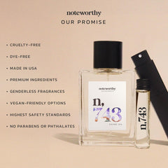 Noteworthy n,743 Shine On bottle front view showcases balanced dimensions for modern wear.