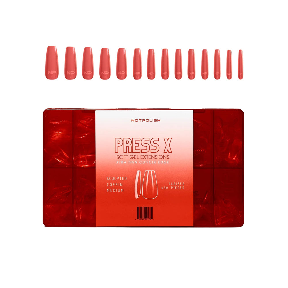 Notpolish Press X soft gel extensions in medium coffin shape offer durable, natural-looking nails.