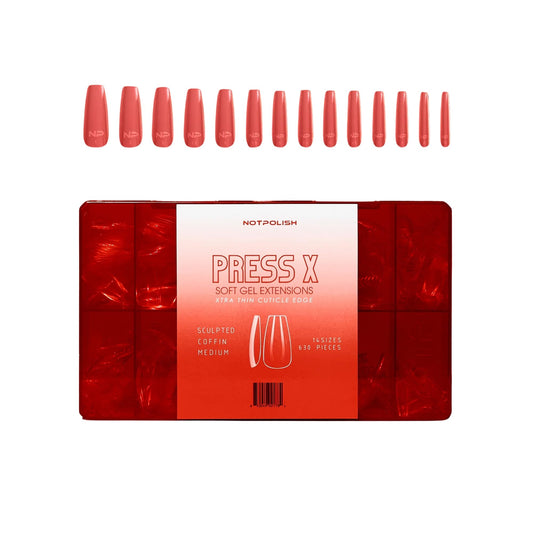 Notpolish Press X soft gel extensions in medium coffin shape offer durable, natural-looking nails.