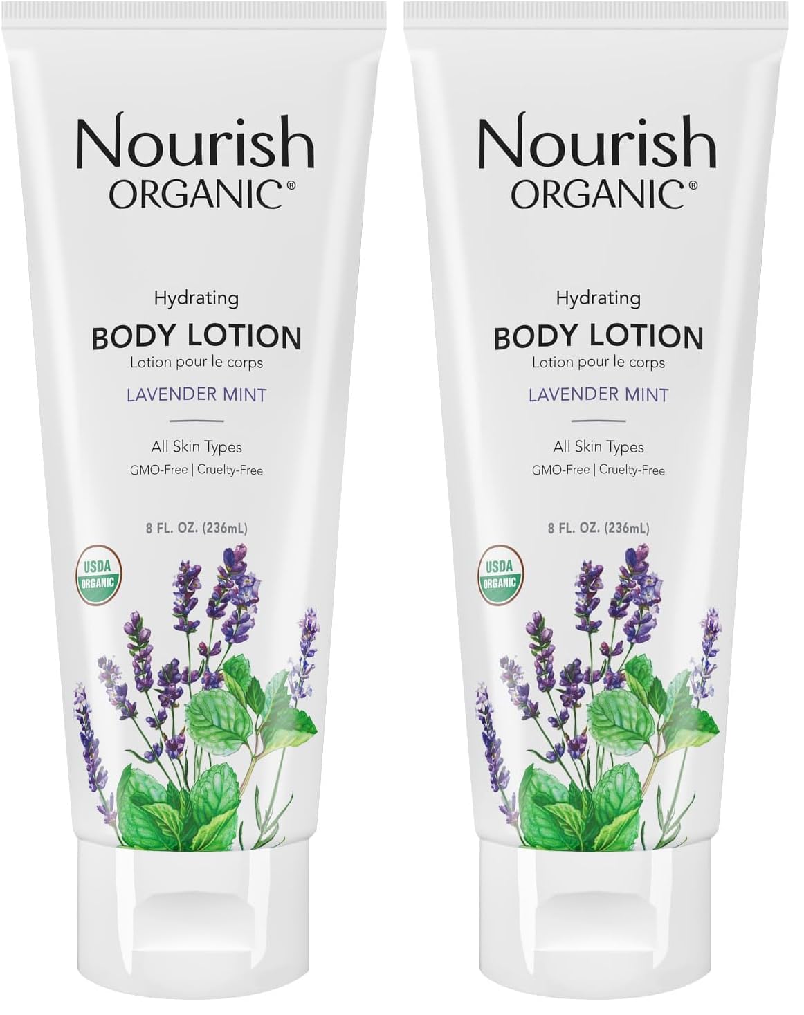 Nourish Organic Lavender Mint lotion bottle demonstrates intense hydration for dry skin.