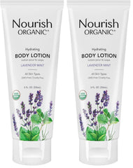 Nourish Organic Lavender Mint lotion bottle demonstrates intense hydration for dry skin.
