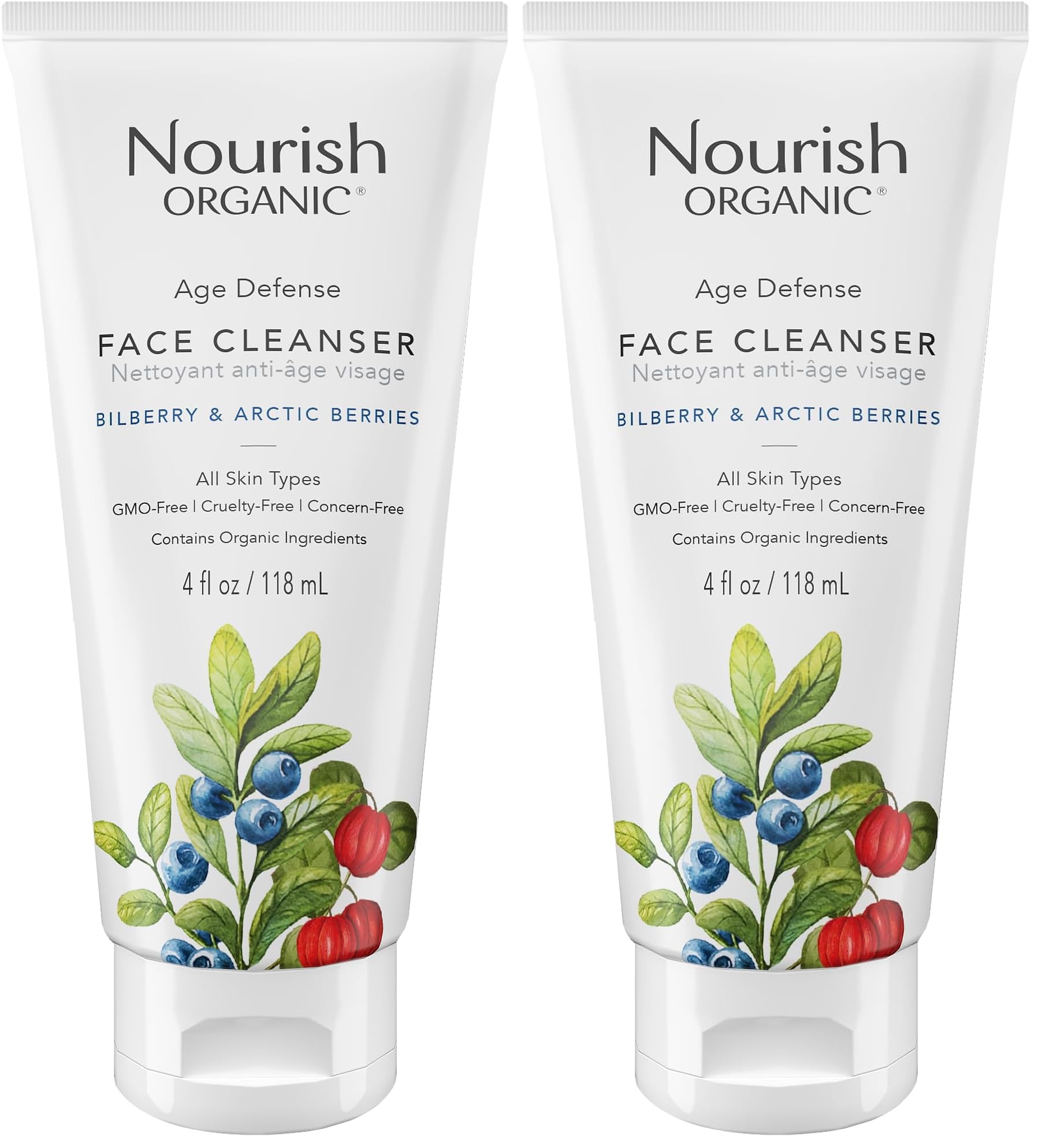 Nourish Organic Face Cleanser bottle with bilberry and Arctic berries for glowing skin