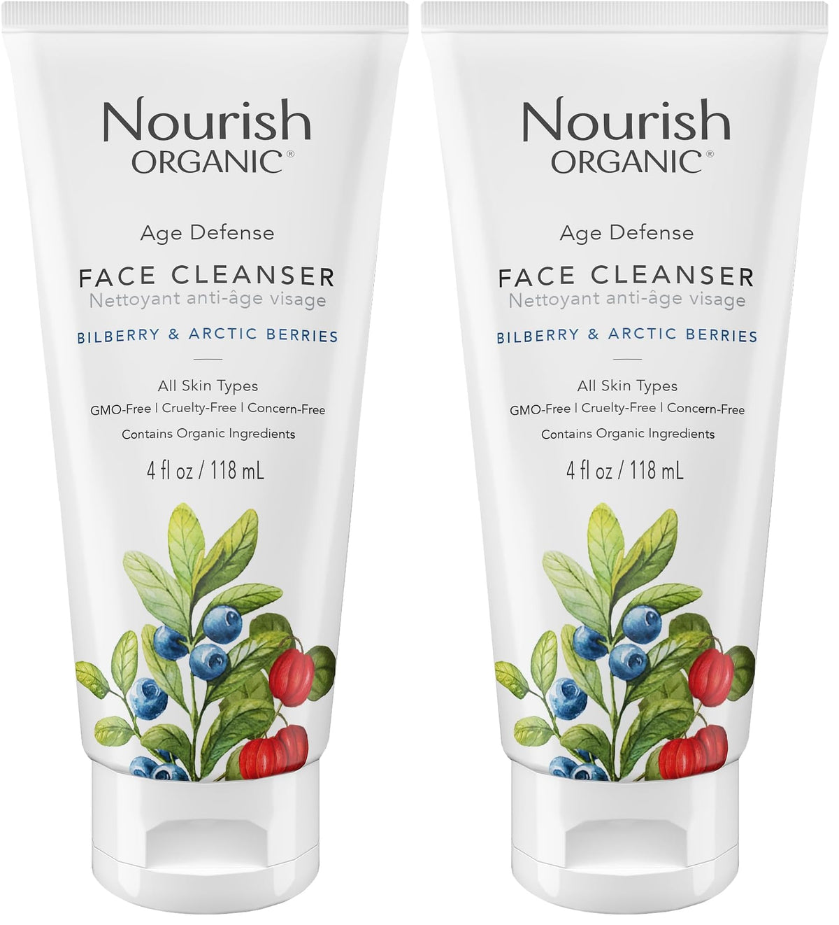 Nourish Organic Face Cleanser bottle with bilberry and Arctic berries for glowing skin