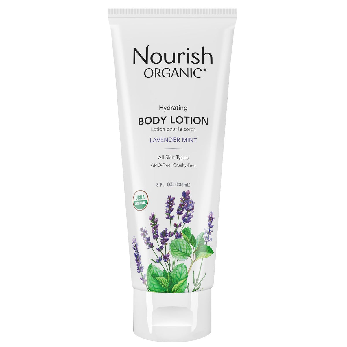 Nourish Organic Lavender Mint bottle shows hydrating formula for dry skin