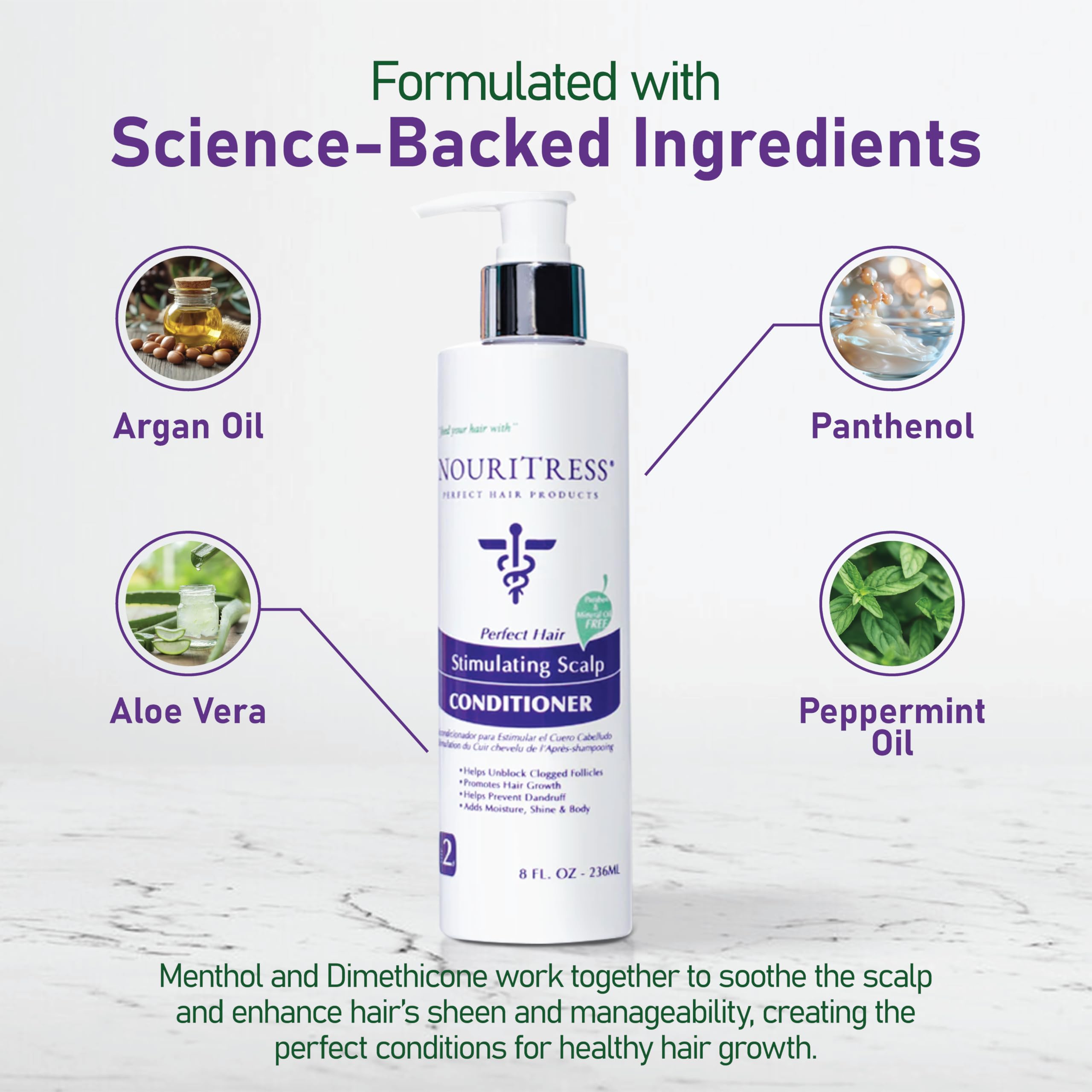 Bottle shown with conditioner distribution across hair for smoothening results