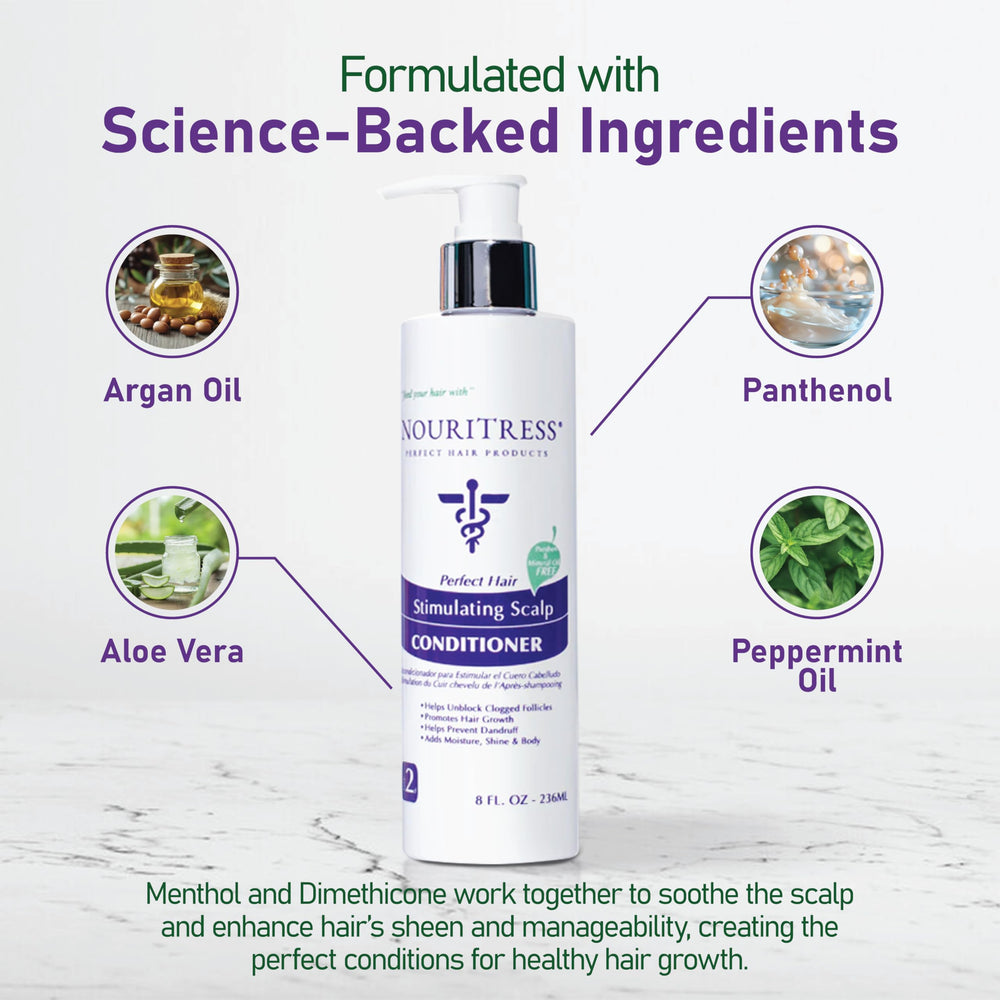 Bottle shown with conditioner distribution across hair for smoothening results