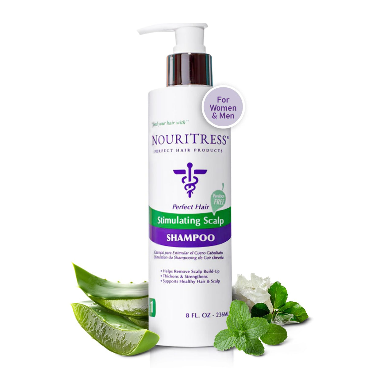 NouriTress Stimulating Scalp Shampoo bottle showing cooling formula for itchy scalp relief