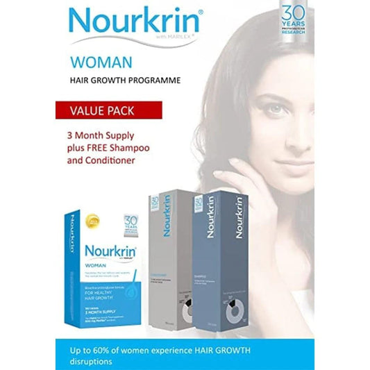 Three-month Nourkrin Woman tablet pack supports daily hair nutrition.