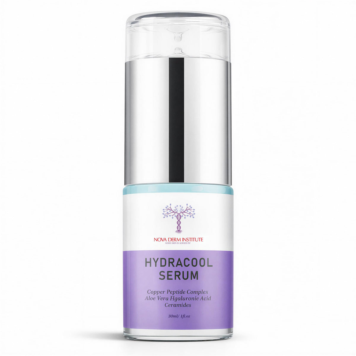 Nova Derm Institute lightweight serum bottle close-up for daily, non-greasy hydration