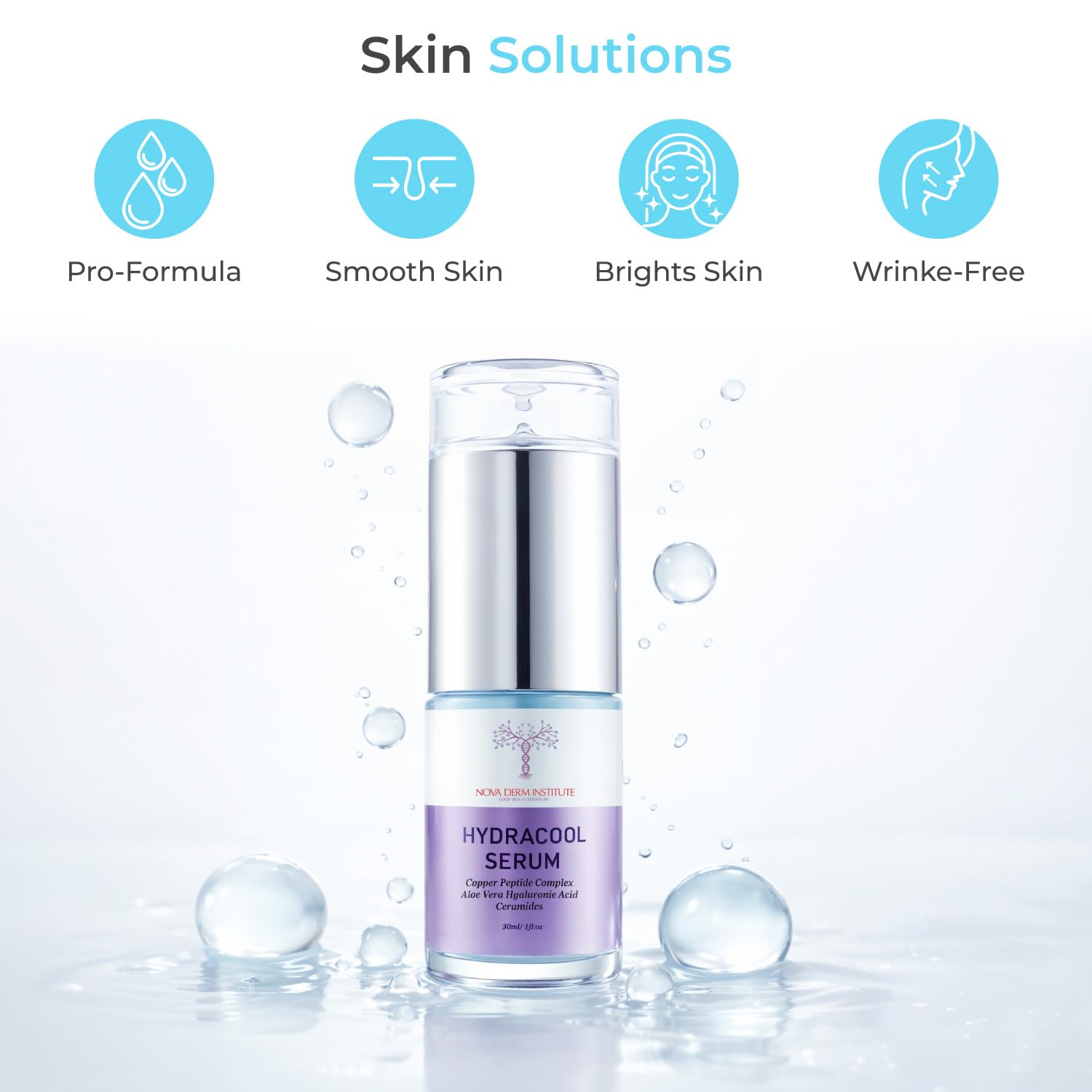 Nova Derm Institute serum texture swirl showing light, non-greasy finish for sensitive skin