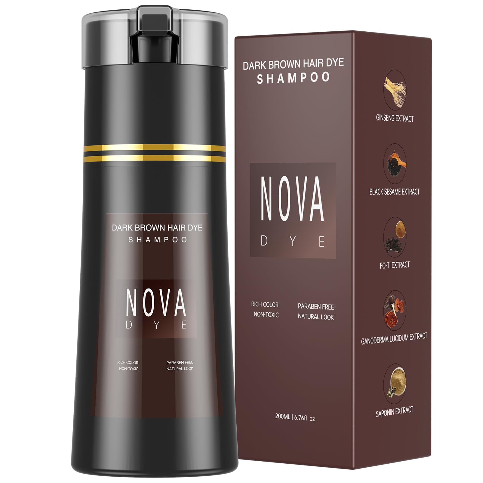 NOVA DYE shampoo bottle front for quick gray coverage in one wash.