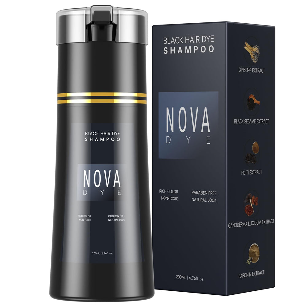 Nova DYE shampoo bottle pouring for quick gray coverage at home.
