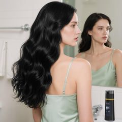 Nova DYE bottle in bathroom scene highlighting hair texture improvement.
