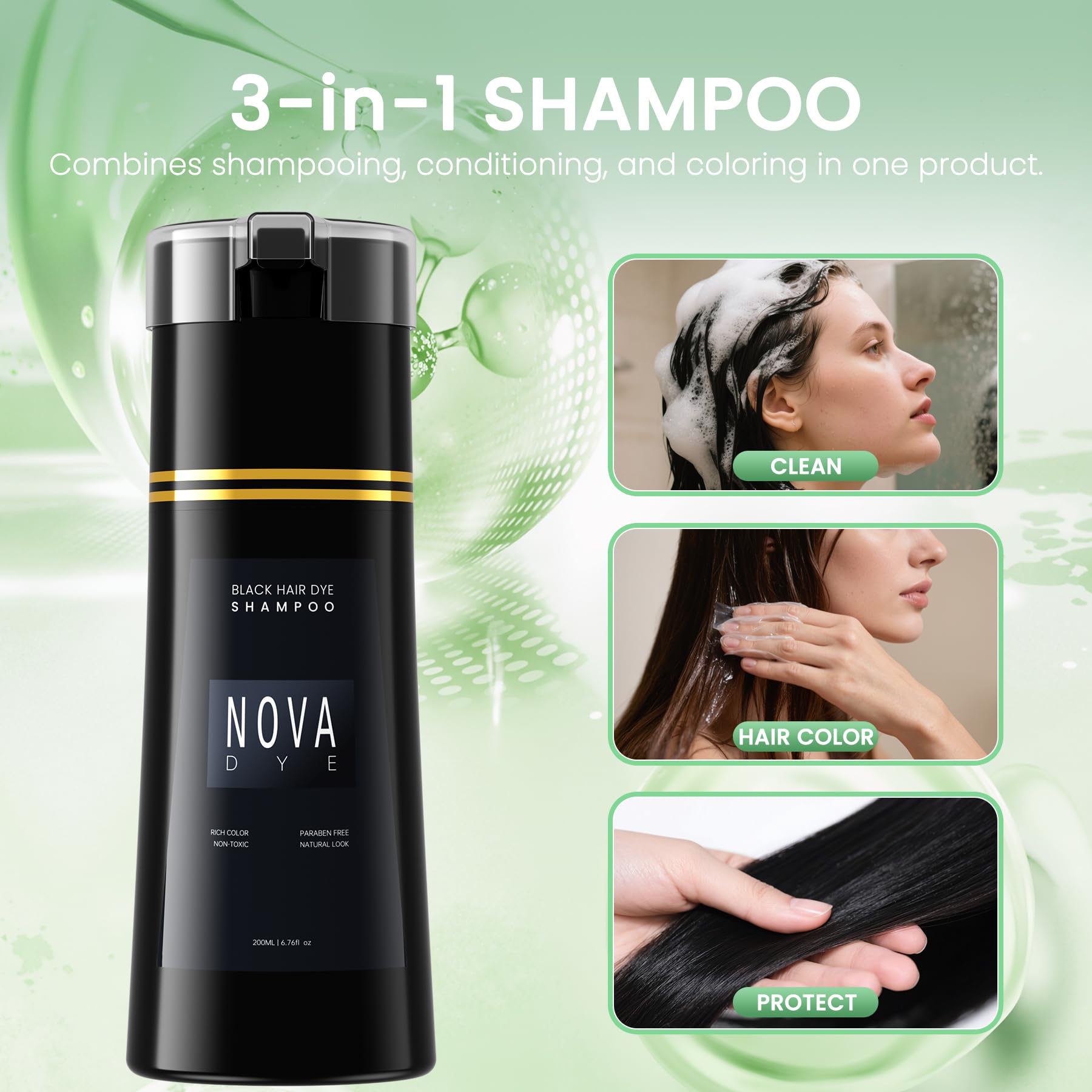 Nova DYE results on hair with rich, glossy black shade.