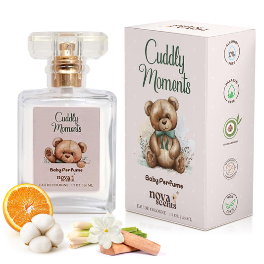Nova Scents baby cologne bottle showing gentle, alcohol-free design for sensitive skin.