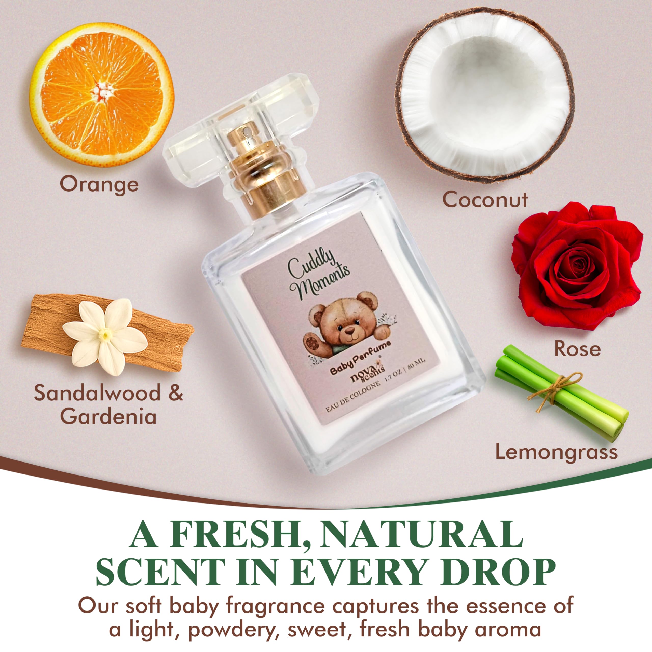 Nova Scents milky white formula texture suggesting purity and safety for babies.