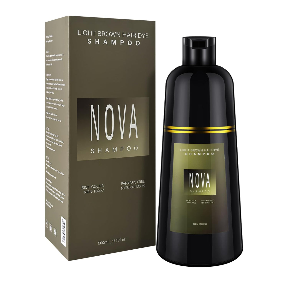 Nova Shampoo 3-in-1 light brown bottle demonstrates easy at-home color care.