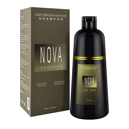 Nova Shampoo 3-in-1 light brown bottle demonstrates easy at-home color care.