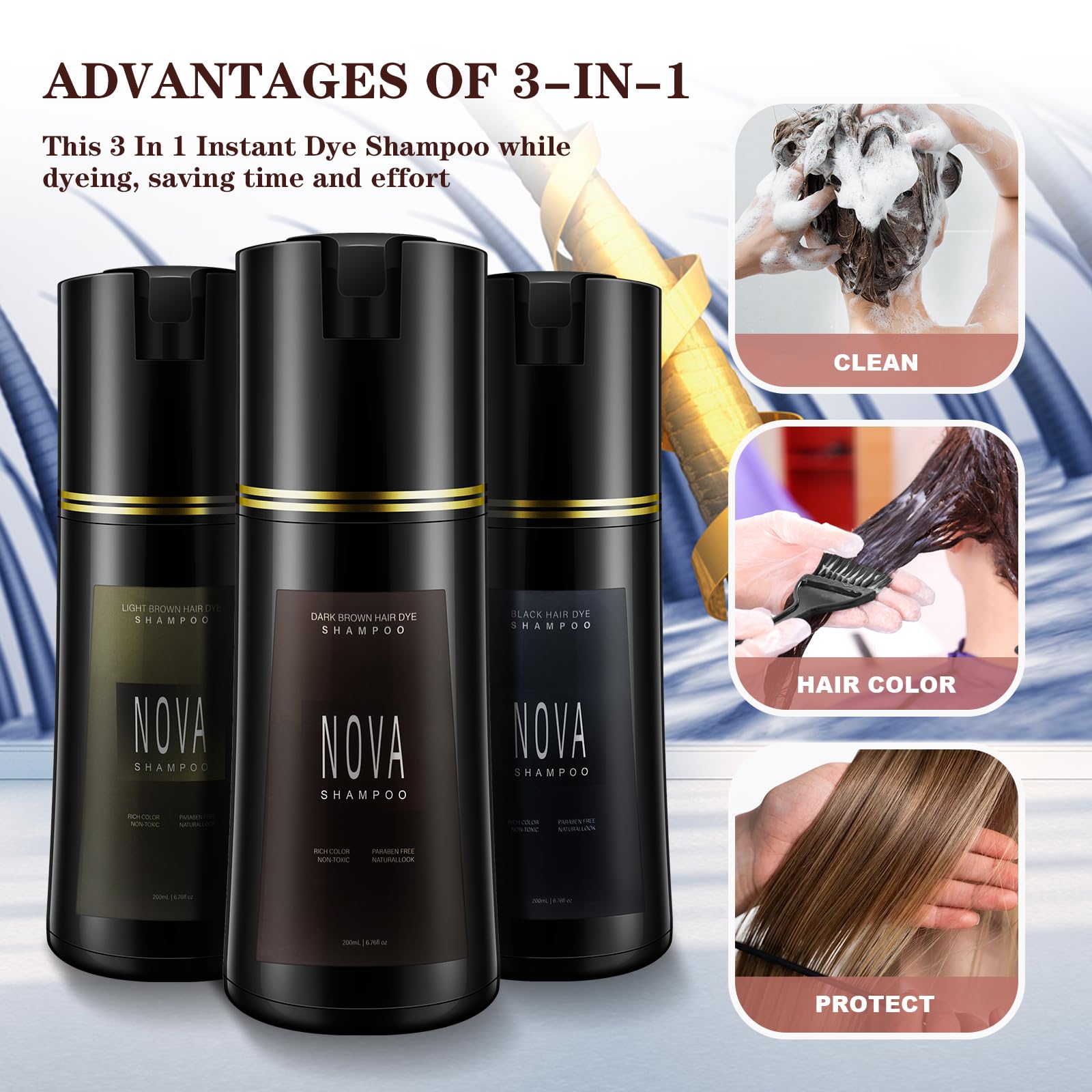 Nova Shampoo at-home usage for quick gray coverage routine.