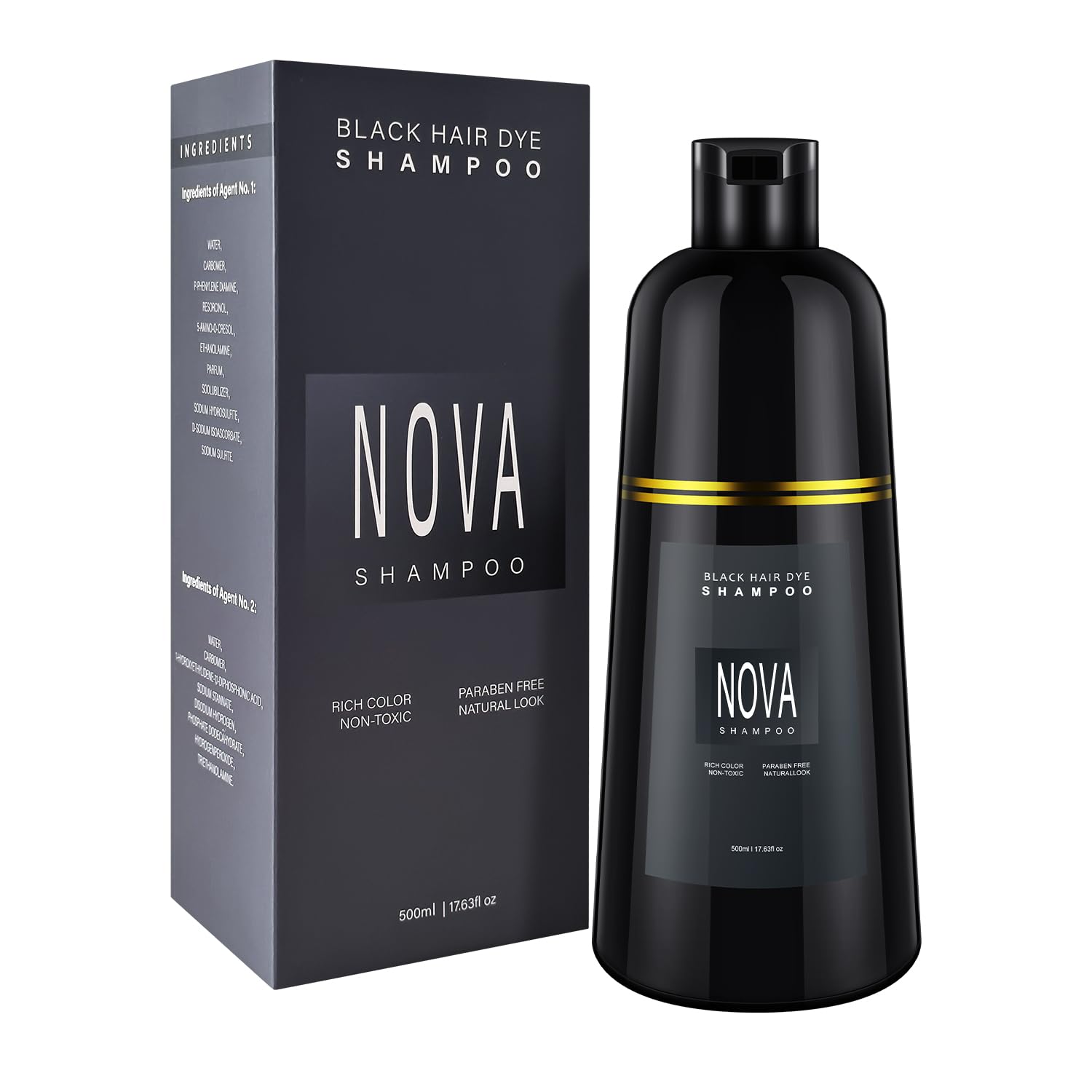NOVA SHAMPOO 500ml bottle shows instant gray coverage on dark hair.