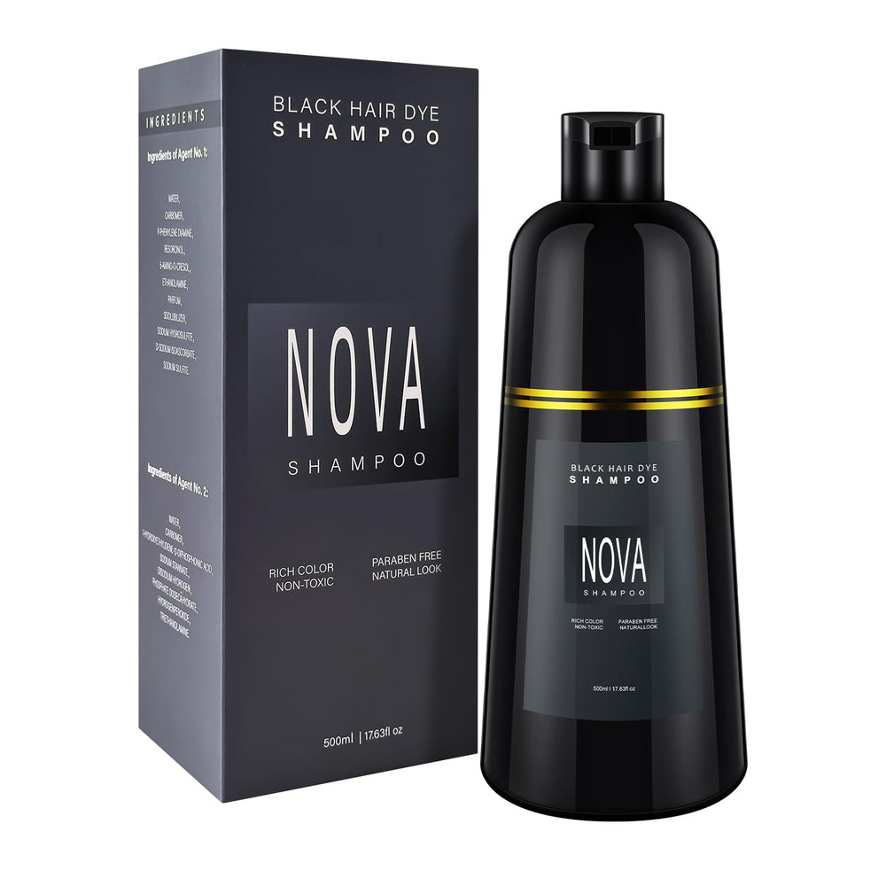 NOVA SHAMPOO 500ml bottle shows instant gray coverage on dark hair.