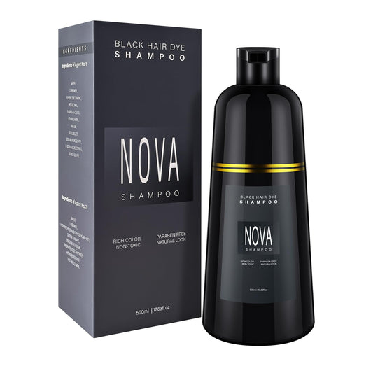 NOVA SHAMPOO 500ml bottle shows instant gray coverage on dark hair.