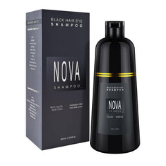 NOVA SHAMPOO 500ml bottle shows instant gray coverage on dark hair.