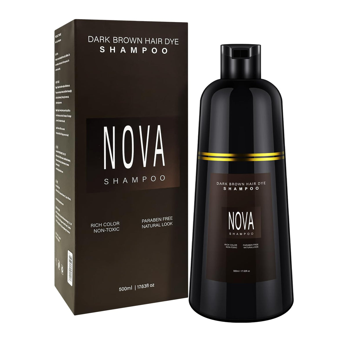 Nova Shampoo gray coverage bottle pour shows easy at-home color and conditioning