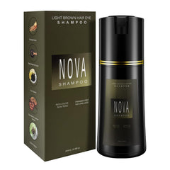 Nova Shampoo gray-coverage bottle demonstrates 3-in-1 color and care.